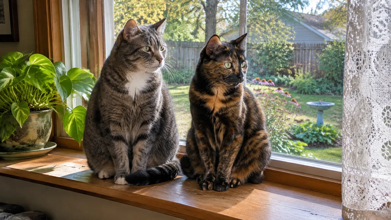 A grey tabby and a tortoiseshell cat sitting side by side on a windowsill, looking out at a garden