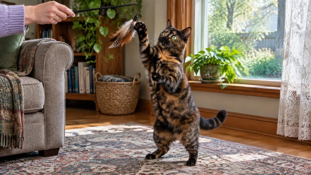 A tortoiseshell cat up on her hind legs batting at a feather on a wand held from an armchair