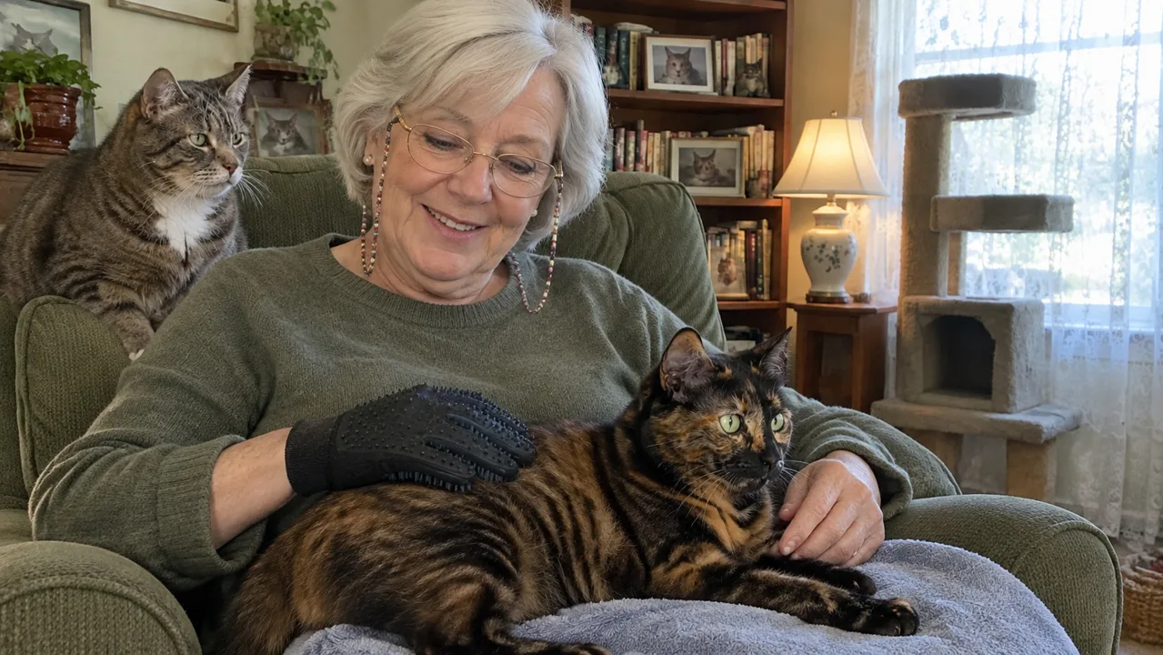 Margie in her armchair brushing a tortoiseshell cat on her lap with a grooming glove