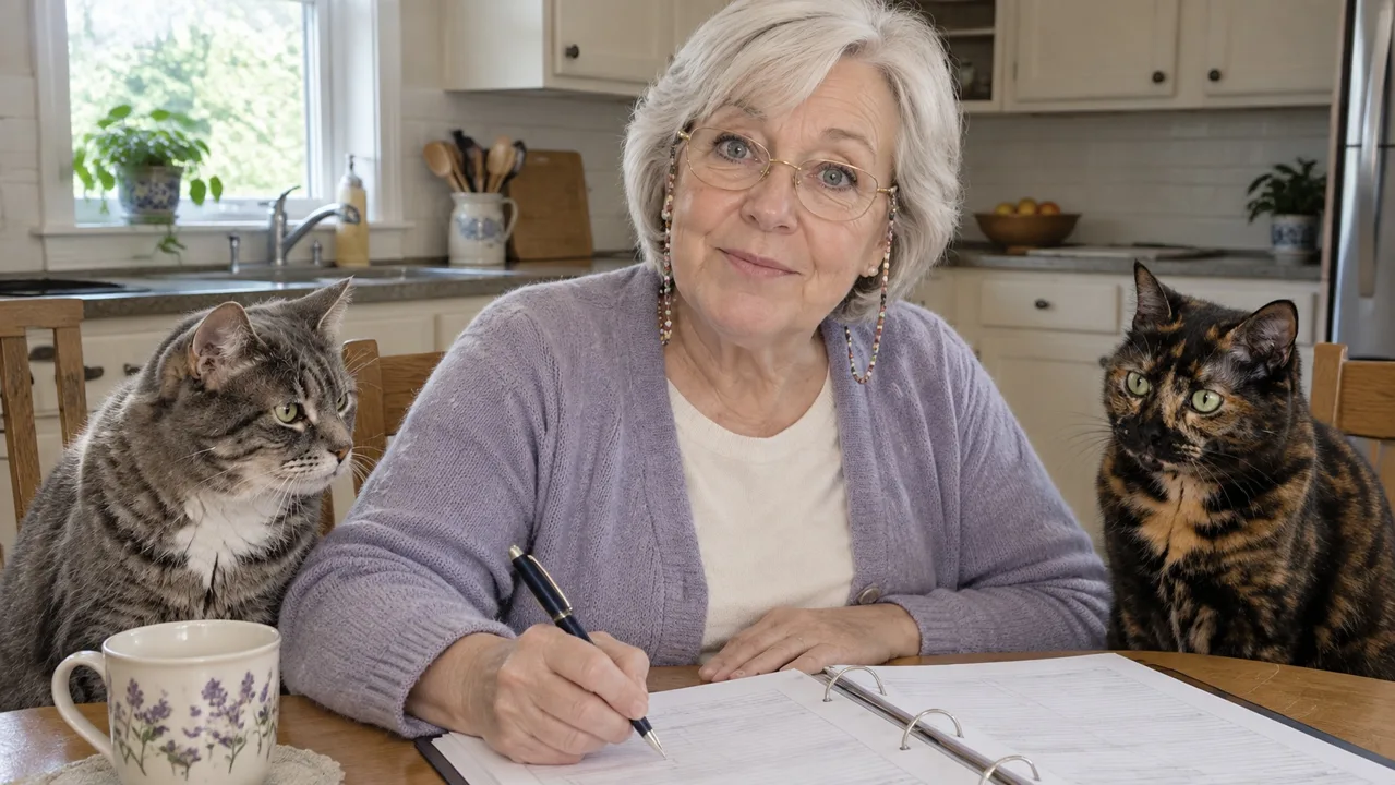 Margie at her kitchen table writing with a pen, a grey tabby and a tortoiseshell cat sitting either side of her
