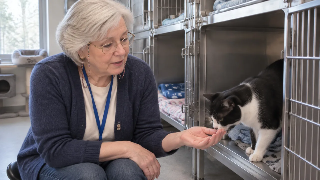 Margie sitting on a low stool in a shelter cat room, holding out her hand while a black-and-white cat steps out of a kennel to sniff it
