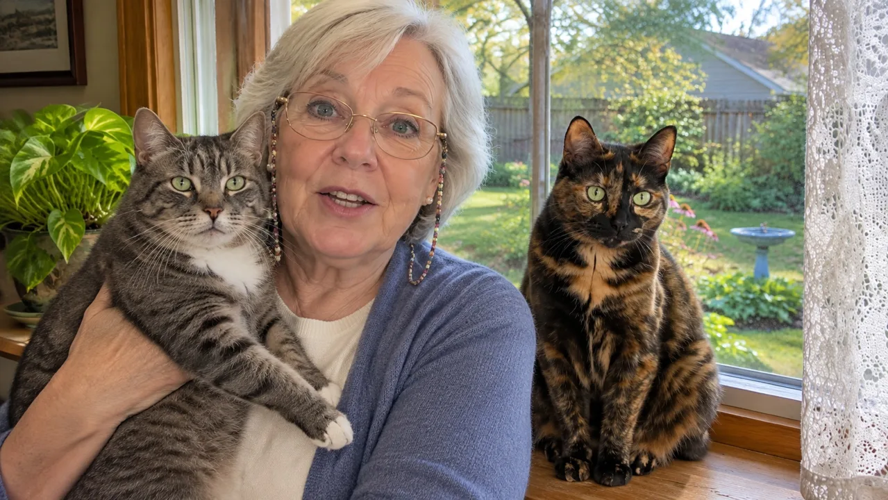 Margie at her living-room window holding a grey tabby against her shoulder, a tortoiseshell cat on the sill beside them