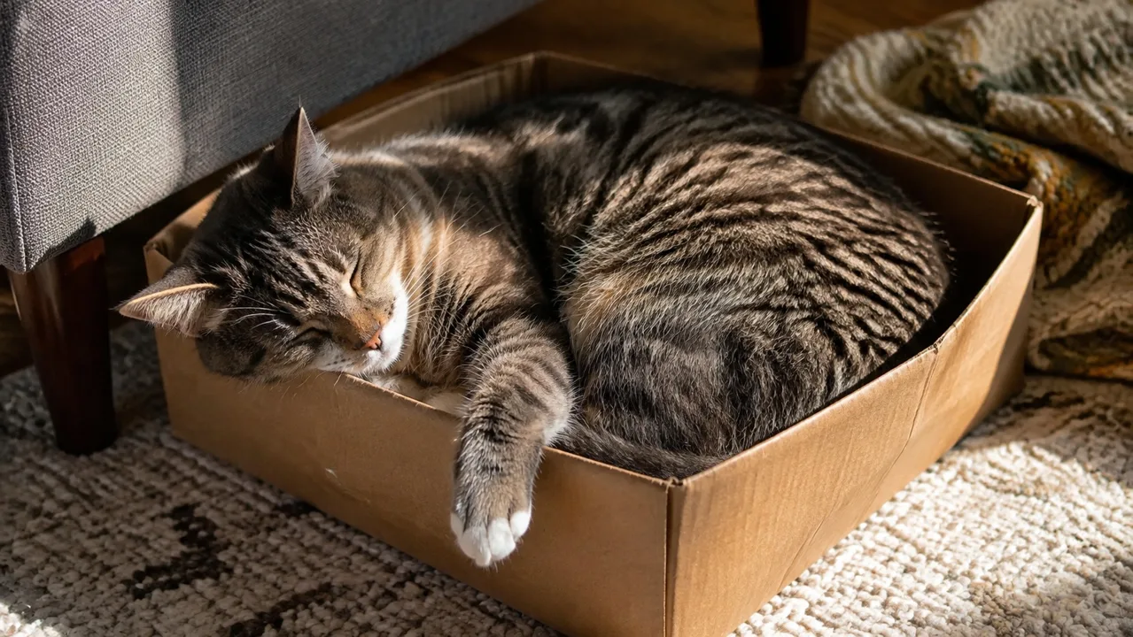 A grey tabby cat curled up asleep in a plain cardboard box in a patch of sun