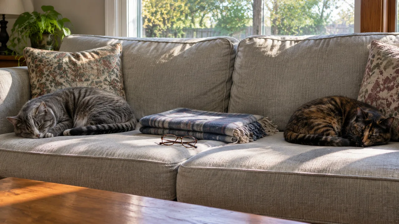 A grey tabby and a tortoiseshell cat asleep at opposite ends of the same sofa