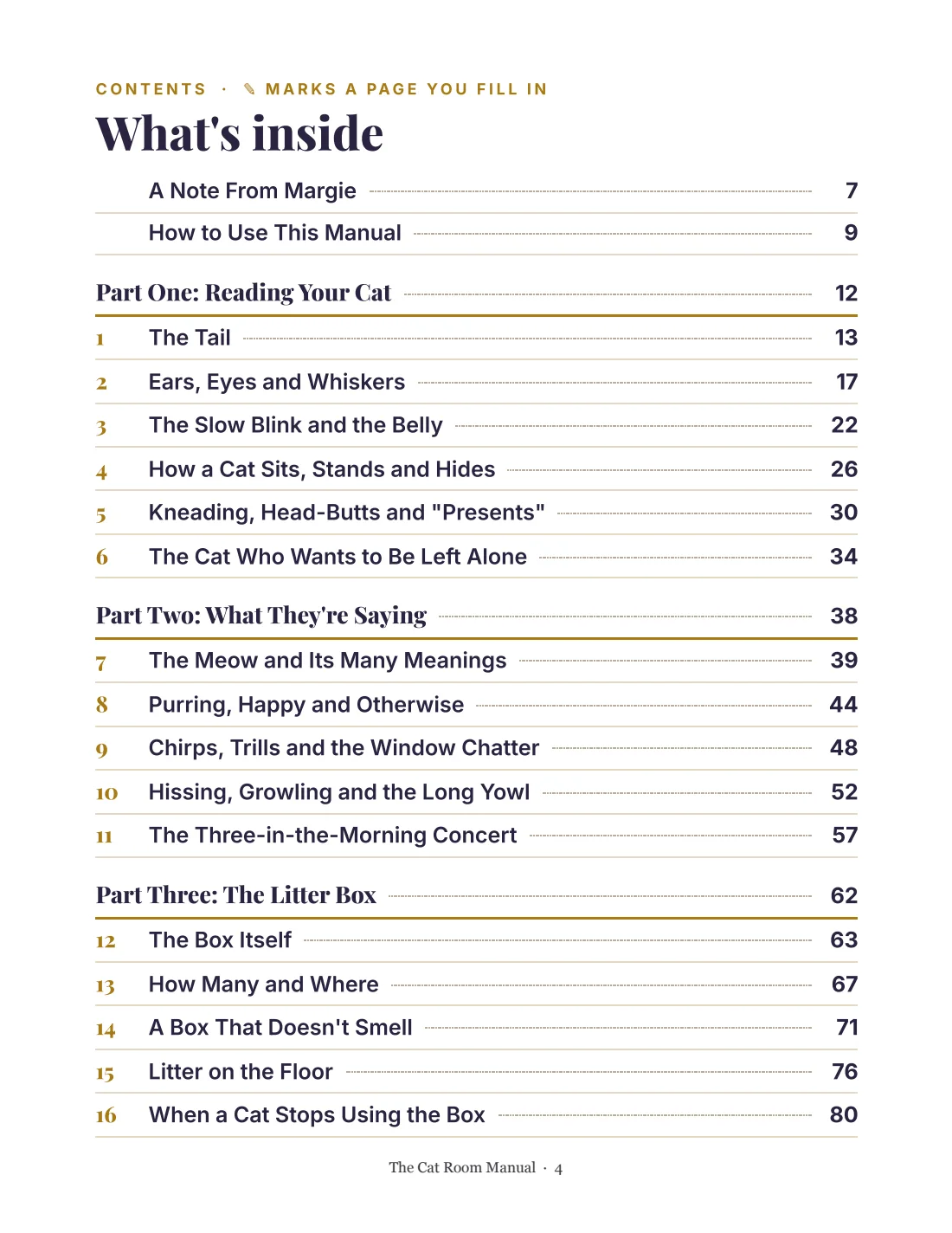 The Cat Room Manual, page 4: the contents
