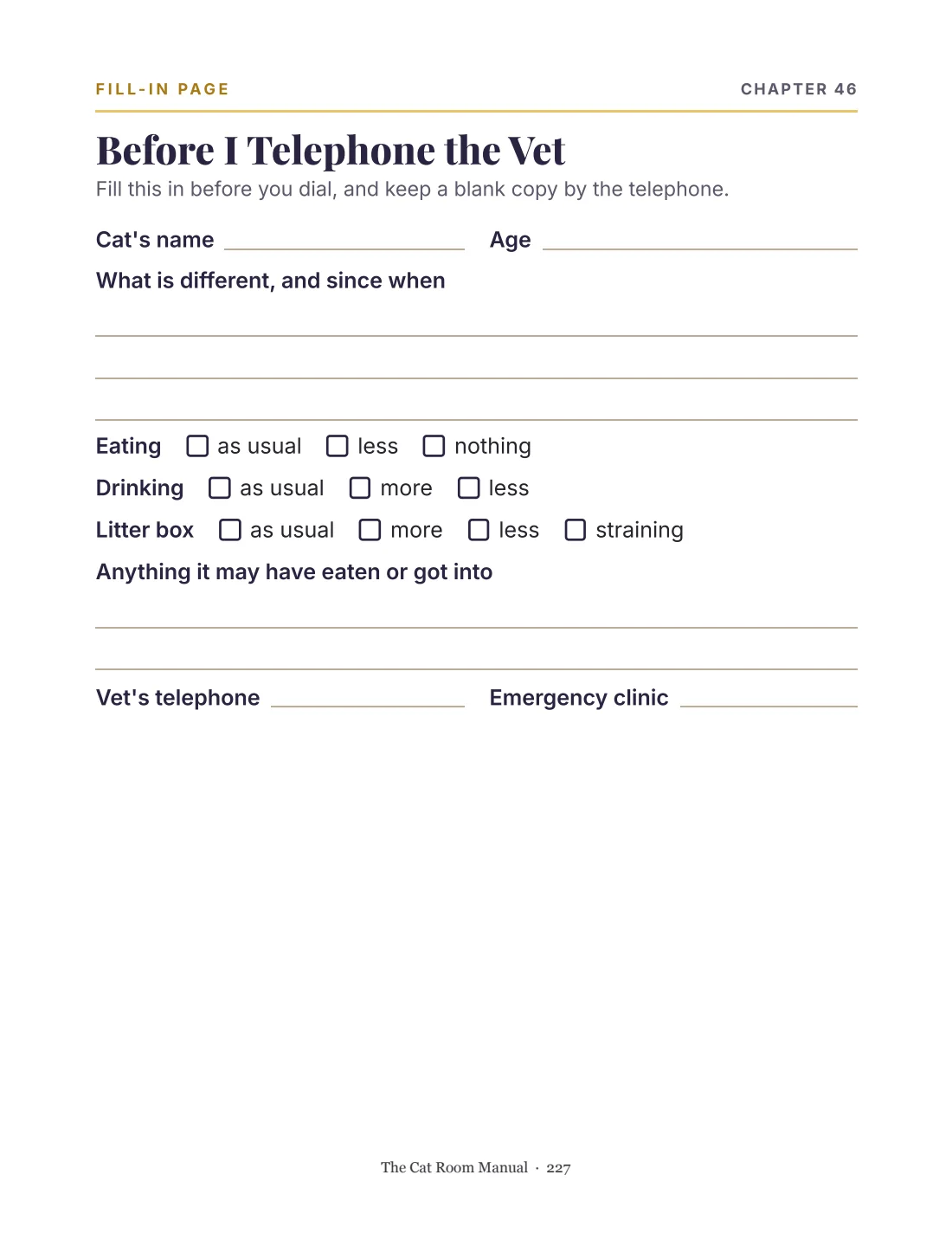 The Cat Room Manual, page 227: the Before I Telephone the Vet fill-in page