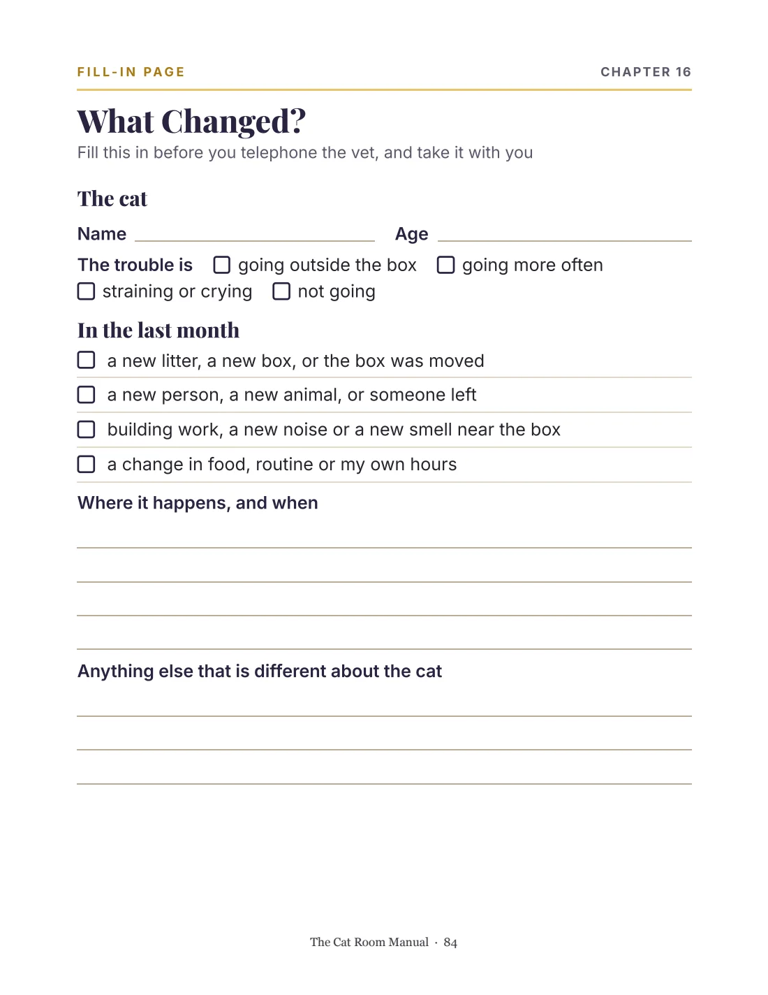 The Cat Room Manual, page 84: the What Changed? fill-in page