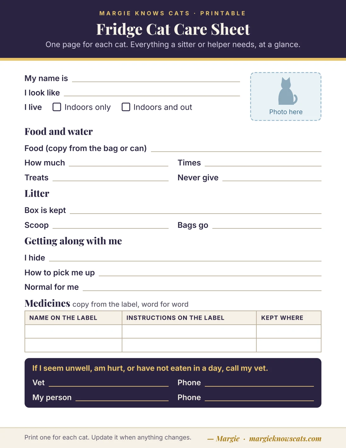 Printable: Fridge Cat Care Sheet