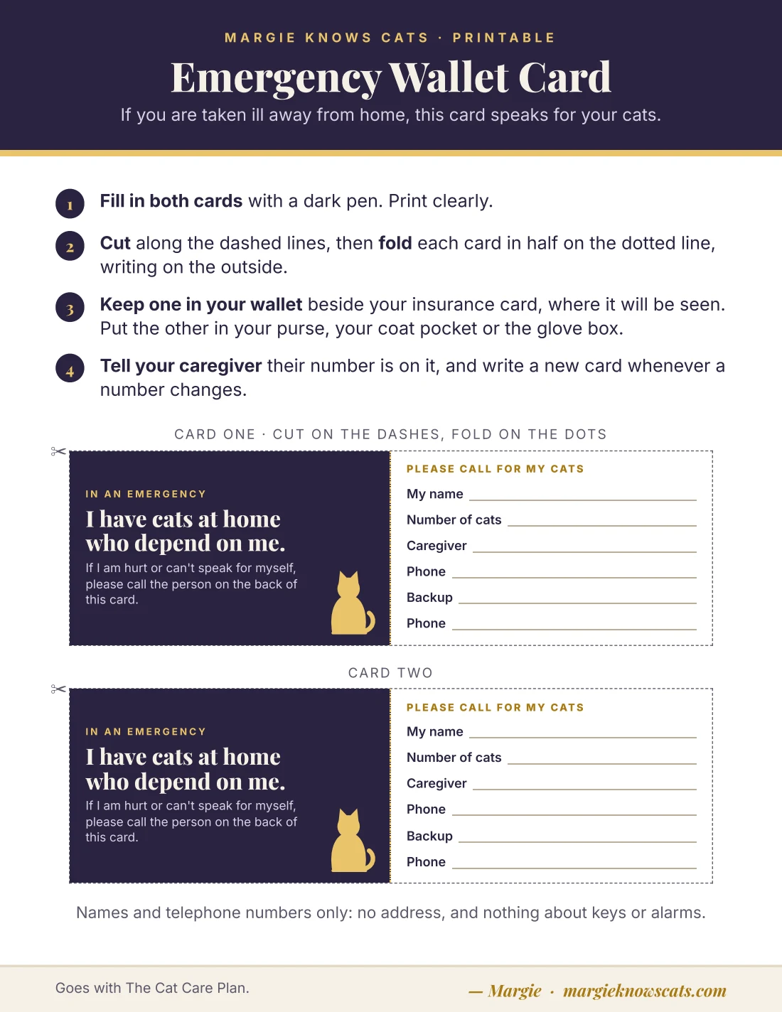 Printable: Emergency Wallet Card, two cards to cut out and fold